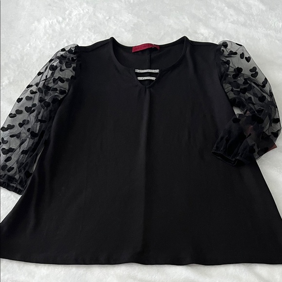 Tops - Black Women's Puff Sleeve Sheer Polka Dot Top